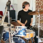 Ferran Esquerdo on a drum set at Metrosonic's large live room